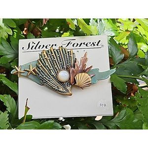 SILVER FOREST Brooch Sealife STARFISH SHELL CORAL‎ Mother Pearl VERMONT Coastal